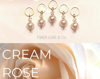 Cream Rose Collection • Swarovski Pearls - Set of 5 Stitch Markers, Stitch Holders, Progress Keepers | Knitting and Crochet Notions