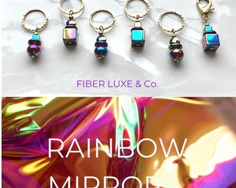 Rainbow Mirrors • Lg. 18k Plated Rings Hematite Stitch Markers & Progress Keeper Set (6) | Knitting Accessories and Notions