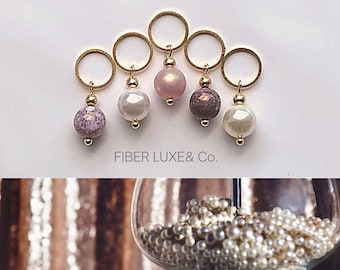 Paris Pearls - Blush Toned Swarovski Pearls & Czech Glass Stitch Markers, Progress Keepers, Set of 5 | Crochet and Knitting Notions