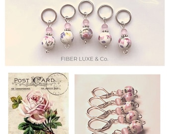 The Postcard • Porcelain Stitch Markers, Stitch Holders, Progress Keepers, Set of 5 | Knitting and Crochet Notions