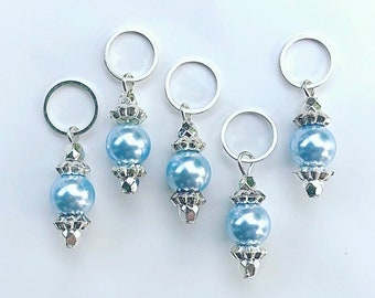 Mary’s Mantle • Swarovski Pearls, Soft blue Stitch Markers, Stitch Holders, Progress Keepers | Knitting and Crochet Notions Set