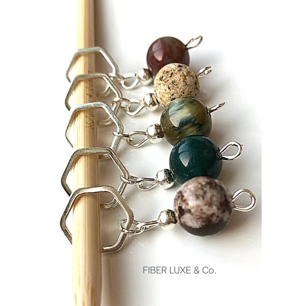 Mountainside • Mixed Gemstone Stitch Markers, Stitch Holders, Progress Keepers, Set of 5 | Crochet & Knitting Notions