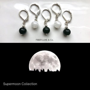 SUPERMOON • Obsidian & Moonstone - Set of 5 Stitch Markers, Stitch Holders, Progress Keepers |Knitting and Crochet Notions