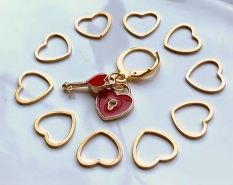 Heart Lock & Key Stitch Marker and Progress Keeper Set | 10 Heart Stitch Markers, 1 Progress Keeper, Stitch Holder | Knitting Notions