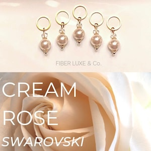 Cream Rose Collection • Swarovski Pearls - Set of 5 Stitch Markers, Stitch Holders, Progress Keepers | Knitting and Crochet Notions