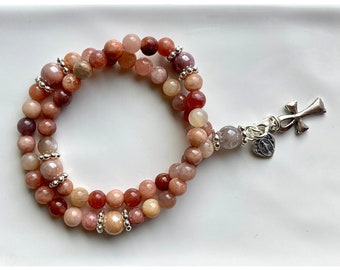 Sunstone Crystal Full Rosary Bracelet • Movable Cross Clasp Place Keeper Semiprecious Stones, Religious Gemstone Jewelry | Gifts for Her