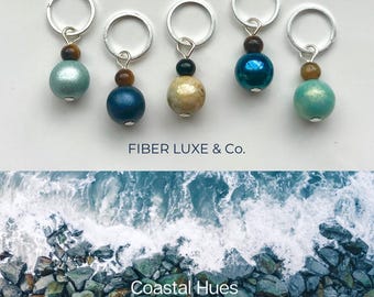 Coastal Collection - Set of 5 Agate, Swarovski and Tigereye Stitch Markers, Stitch Holders, Progress Keepers | Crochet & Knitting Notions