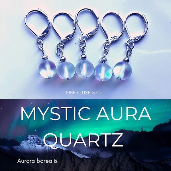 Quartz -Aurora Borealis - 5er Set Matte Mystic Aura Quartz Maschenmarkierer, Maschenhalter, Fortschrittsanzeiger, Häkel- und Strickutensilien