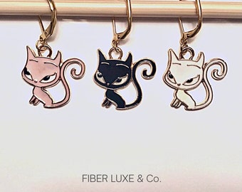 3 Sassy Cats • Set of 3 Enamel Stitch Markers, Stitch Holders, Progress Keepers |Crochet and Knitting Notions