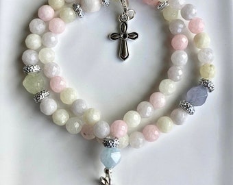 Quartz & Morganite Crystal Full Rosary Bracelet • Movable Cross Clasp Place Keeper, Religious Gemstone Jewelry | Christian Gifts for Her