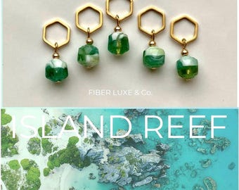 Island Reef • Set of 5 Glass Stitch Markers, Progress Keepers | Crochet and Knitting Notions