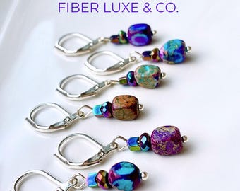 Imperial Jasper • Set of 6 Mixed Purple Blue Imperial Jasper Stitch Markers, Stitch Holders, Progress Keepers | Knitting & Crochet Notions
