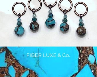 Amazonite Copper Haven Collection • Set of 5 Amazonite Stitch Markers, Stitch Holders, Progress Keepers | Knitting and Crochet Notions