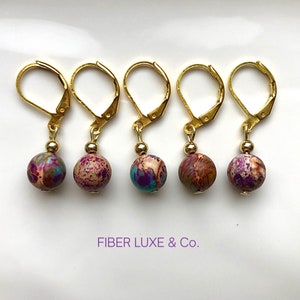 Imperial Jasper • Set of 5 Mixed Purple Blue Imperial Jasper Stitch Markers, Stitch Holders, Progress Keepers | Knitting & Crochet Notions