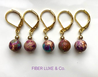 Imperial Jasper • Set of 5 Mixed Purple Blue Imperial Jasper Stitch Markers, Stitch Holders, Progress Keepers | Knitting & Crochet Notions