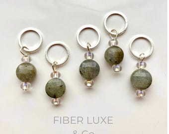 Labradorite Semiprecious Collection • Set of 5 Faceted Stitch Markers, Stitch Holders, Progress Keepers | Knitting and Crochet Notions