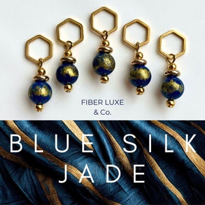 Blue Silk Jade • Set of 5 Semiprecious Stitch Markers, Stitch Holders, Progress Keepers | Knitting and Crochet Notions