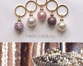 Paris Pearls - Blush/Lavender Toned Swarovski Pearls & Czech Glass Stitch Markers, Progress Keepers, Set of 5 | Crochet and Knitting Notions
