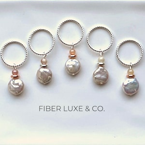 Lg. Freshwater Pearl & Sunstone Silver Rings Closed Stitchmarkers, Blanket, Bulky Sweater Knitting Accessories