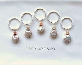 Lg. Freshwater Pearl & Sunstone Silver Rings Closed Stitchmarkers, Blanket, Bulky Sweater Knitting Accessories