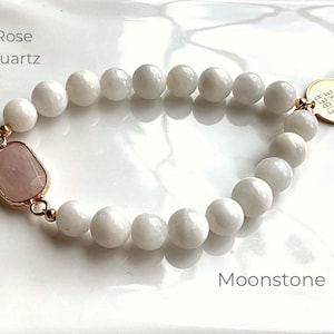Bracciale Luxe & Co. in fibra di quarzo rosa e pietra di luna • Pietre semipreziose, bracciali con perline di cristallo di quarzo, regali per lei