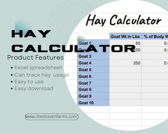 Hay Calculator- Hay Tracker-Hay Estimator- How Much Hay- Livestock Hay Estimator- Goat Hay Calculator-Horse Hay Calculator- Horse Hay Track