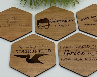 Schitt's Creek wood coasters, hexagon, engraved coasters - SET OF 6