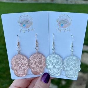 Brincos Calavera, Caveira de Açúcar, Dia dos Mortos, Dia de los Muertos, brincos de Halloween, corte a laser, brincos de madeira