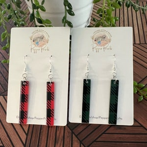 Buffalo plaid vertical bar earrings, simple holiday earrings