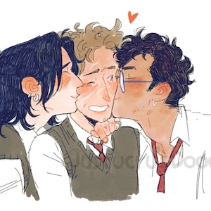 May include: Three people with dark hair are shown in a cartoon style illustration. The person in the middle is smiling and has curly blonde hair. The person on the left is kissing the person in the middle on the cheek. The person on the right is kissing the person in the middle on the other cheek. All three people are wearing white shirts and dark vests. The person on the right is wearing a red tie. A small red heart is above the person in the middle's head.