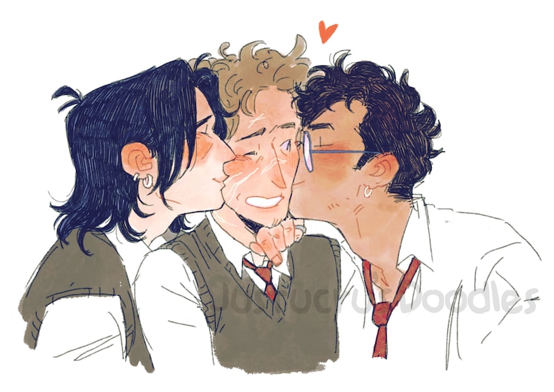 May include: Three people with dark hair are shown in a cartoon style illustration. The person in the middle is smiling and has curly blonde hair. The person on the left is kissing the person in the middle on the cheek. The person on the right is kissing the person in the middle on the other cheek. All three people are wearing white shirts and dark vests. The person on the right is wearing a red tie. A small red heart is above the person in the middle's head.