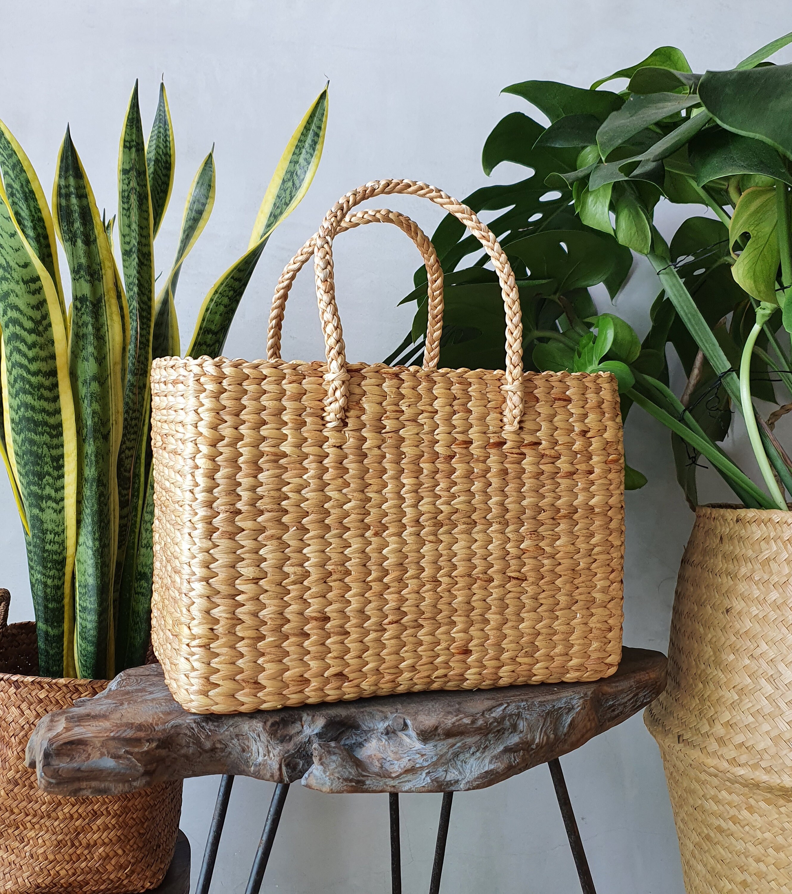 Karine Seagrass, Beach Basket Bag, Seagrass Basket Bag with Leather