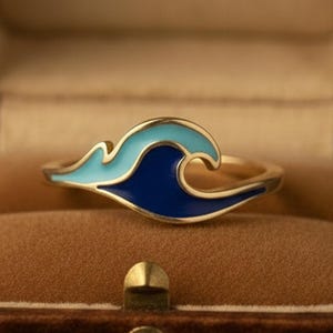 Ocean Wave Enamel Ring, Minimalist Blue Surf Ring, Dainty Stacking Ring for Beach Lovers, Sterling Silver or Solid Gold Nature Jewelry