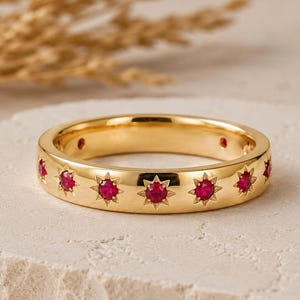 Starburst Ruby Eternity Band, Flush Set Gold Celestial Ring, Vintage Style July Birthstone Gift for Her, Distance Promise Ring,