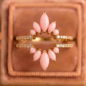 Pink Opal Ring Enhancer, Marquise Cut Crown Ring Guard, Double Band Stacking Ring, Sunburst Wedding Band Jacket, Custom Gold Ring Guard