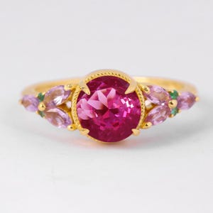 Bague rubis créée en laboratoire : saphir rose de style vintage, argent sterling