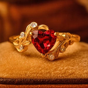 May include: A gold ring with a heart-shaped red gemstone at the center. The ring features a decorative design with small, round, clear gemstones and leaf-like accents. The ring is displayed on a brown velvet jewelry box.