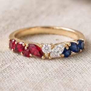 Red White and Blue Ring, Patriotic Stacking Band, Marquise Ruby Sapphire Moissanite Half Eternity, USA Flag Anniversary Gift for Her