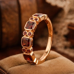 Vintage Ruby Wedding Band, Asscher Cut Ruby Ring, Bezel Setting Band, July Birthstone, Ruby Engagement Ring, Half Eternity Christmas Gift