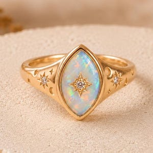 Marquise White Opal Celestial Ring, Starburst Statement Ring with Lab Moissanite, Bezel Set Boho Signet Ring, Engraved Moon and Star Ring
