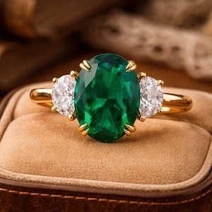 Oval Emerald And Moissanite Three Stone Ring, Side Half Moon Moissanite Wedding Ring, Proposal Ring For Women, Bridal Anniversary Gift
