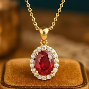Oval Ruby Sterling Silver Pendant, Moissanite Halo, July Birthstone