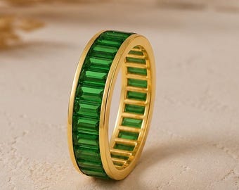 Baguette Emerald Eternity Ring: Lab Created, Sterling Silver Stackable Band