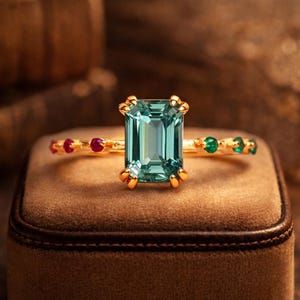 Bague saphir vert de Ceylan octogonale, bague distance rubis et émeraude, bague unique sertie huit griffes, cadeau bague de cocktail pour elle