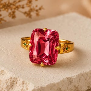 Peut inclure: Une bague en or ornée d'une grande pierre précieuse rose rectangulaire à facettes. L'anneau est décoré de deux gravures en forme d'étoile de chaque côté, chacune contenant une minuscule pierre verte incrustée.