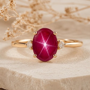 Vintage Star Ruby Ring ovale cabochon verlovingsring drie stenen moissaniet massief gouden belofte ring juli geboortesteen cadeau voor vrouwen