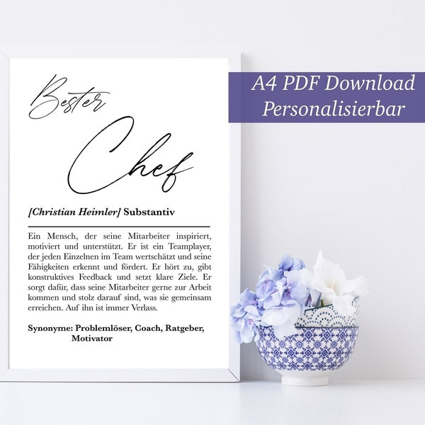 Download PDF, Definition Bester CHEF, Poster, personalisiertes Bild Chef, Geschenk zum Geburtstag, Karte Chef, Bild Chef, Geschenk Büro