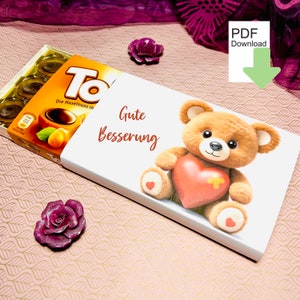 Que te mejores pronto regalo, ánimo, recuperación, banderola de chocolate, banderola de embalaje Toffifee, osito, pequeño regalo, descargar