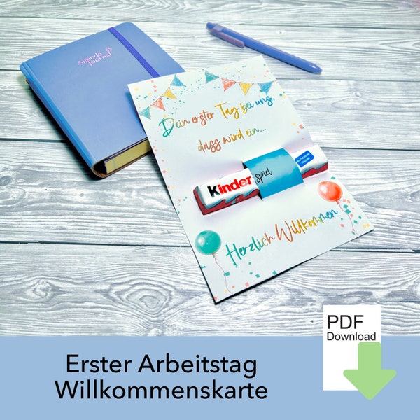 Willkommen Kollegin, Geschenk Karte, Süßigkeiten, Kinderriegel Banderole, Nervennahrung Geschenk, Kollege, erster Arbeitstag, pdf download