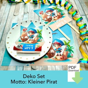 Decorazione set compleanno bambini, biglietto d'invito, banderuola Duplo, cake topper, tovaglietta, motto pirati, festeggiati, personalizzato, PDF